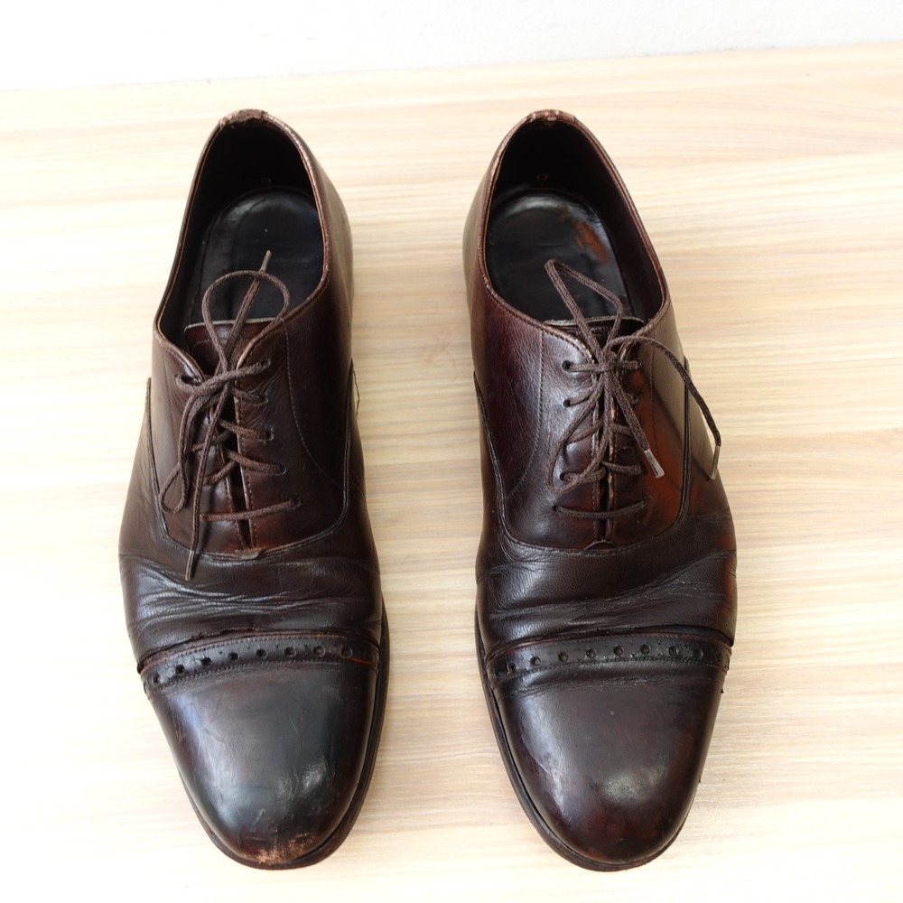 Vintage British‎ Oxford Cap Toe Shoes Mens 9 D Brown Leather Brogue Dress FLAWED